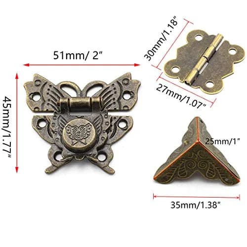SDTC Tech Antique Jewelry Box Hardware Assortment Kit | Vintage Bronze Hinges & Corner Protectors (52mm Hasp, 30mm Hinges, 25mm Protectors) thumbnail 2