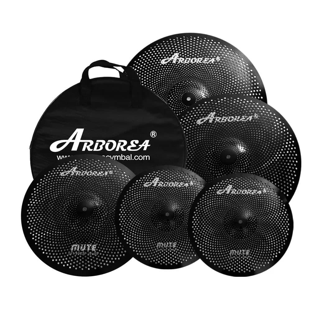 Arborea Low Volume Cymbal Pack Black 14"hi-hat+16"crash+18"crash+20"ride 5 Pieces | Practice Mute Cymbal Set for Drums - main product image