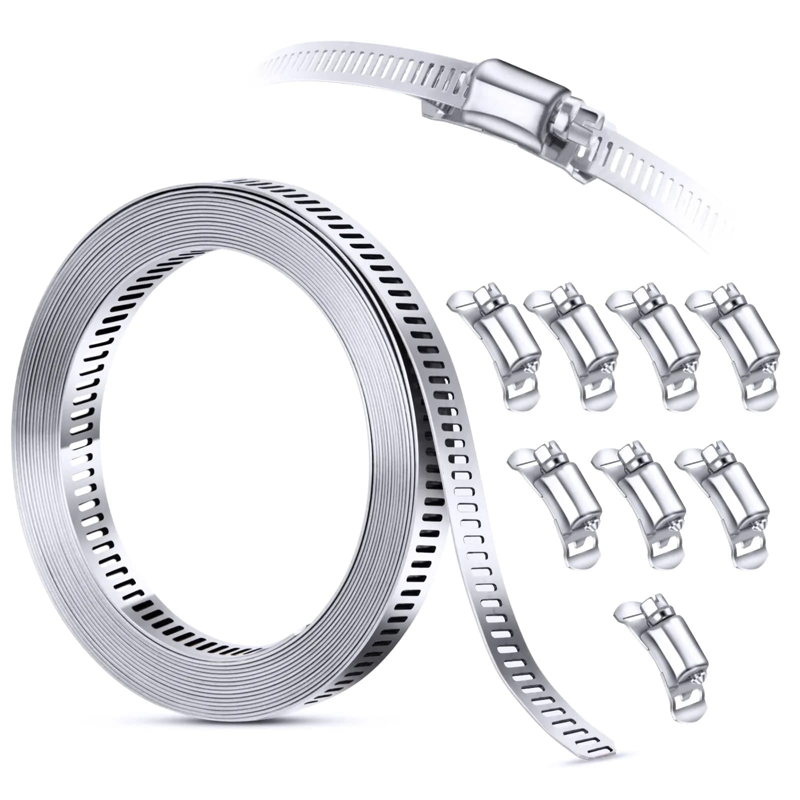 Steelsoft Stainless Steel Worm Gear Hose Clamp Assortment Kit, Cut-To-Fit | DIY Large & Odd Sizes — 12 FT Strap+8 Fasteners