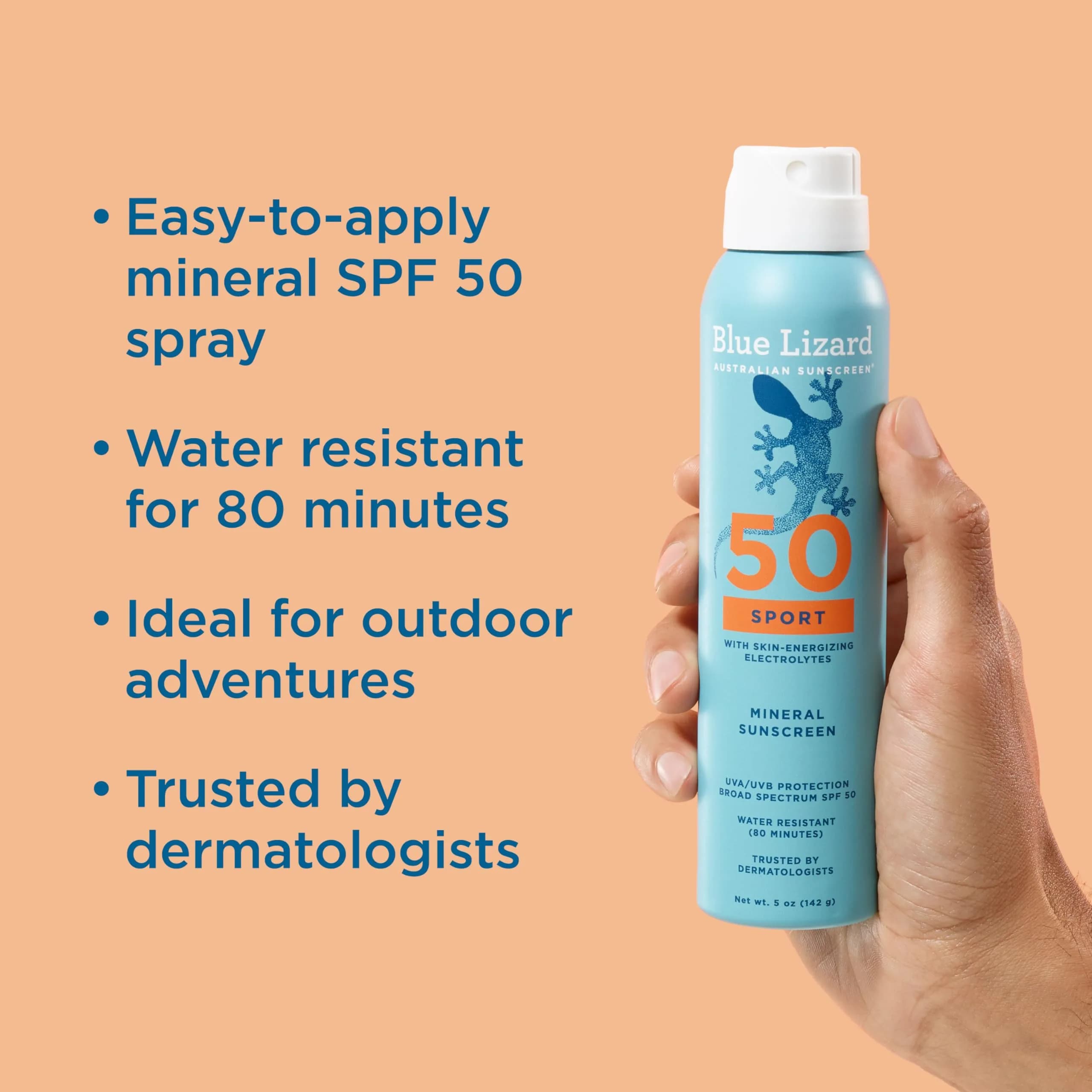 BLUE LIZARD Sport Mineral Sunscreen Spray SPF 50+ 150ml (5 fl oz) | Dermatologist-Recommended Broad-Spectrum UVA/UVB Protection - view 2