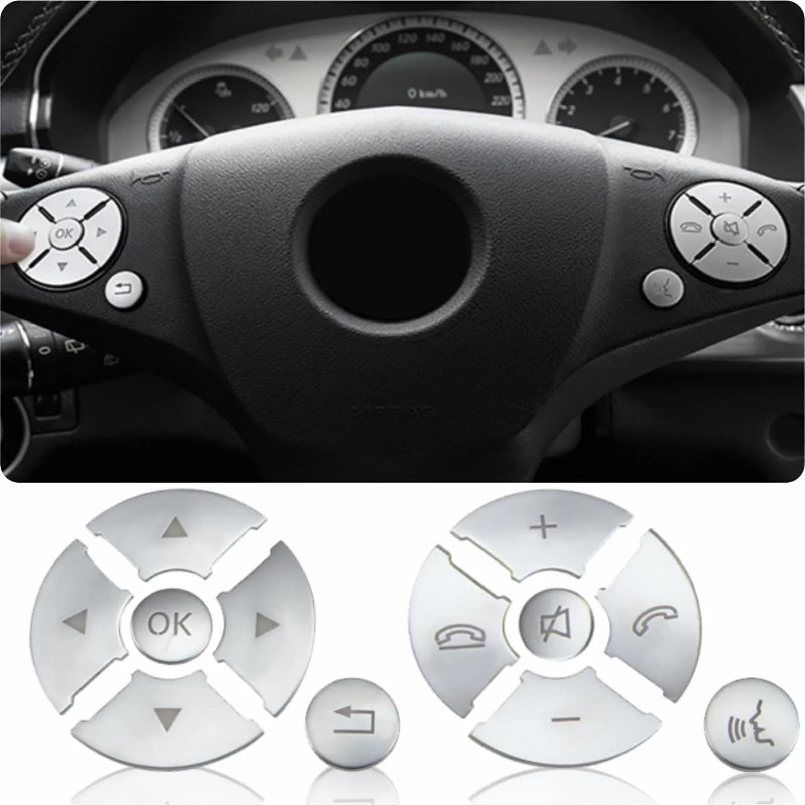 Asrnten Car Steering Wheel Button Trim Inner Decoration Silver | Compatible with Mercedes Benz Models - main product image