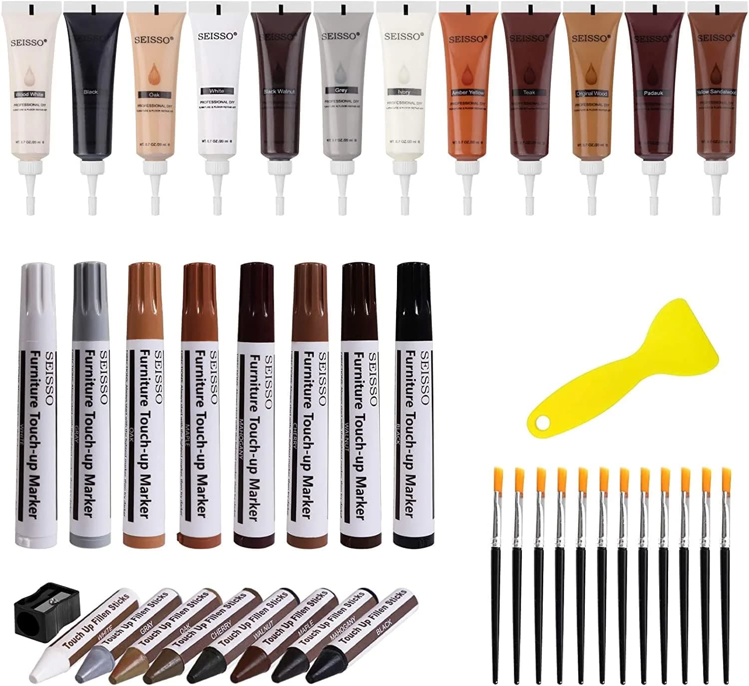 SEISSO Furniture Repair Kit, 12 Colors Wood Fillers with Markers Wax Sticks | Easy Scratch & Crack Fix — 12 + 8 + 8 Colors