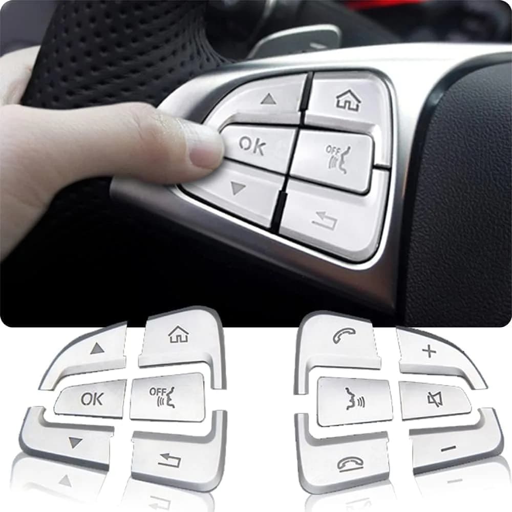 Asrnten Silver Steering Wheel Button Trim | Compatible with Mercedes Benz W205 X205 (70-120c) — Silver(Model A)