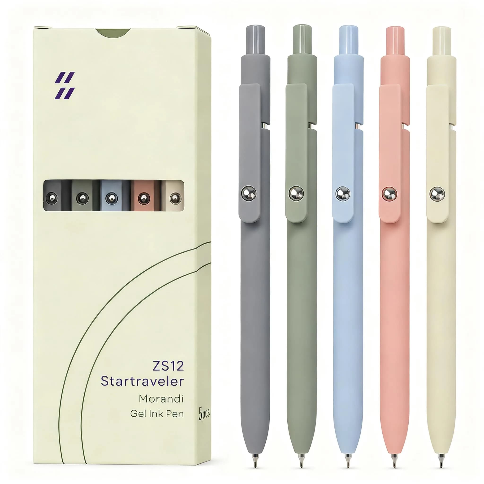 FIOVER Gel Pens 5pcs 0.5mm Quick Dry Black Ink Fine Point Pens | Smooth Writing for Students & Office — Morandi