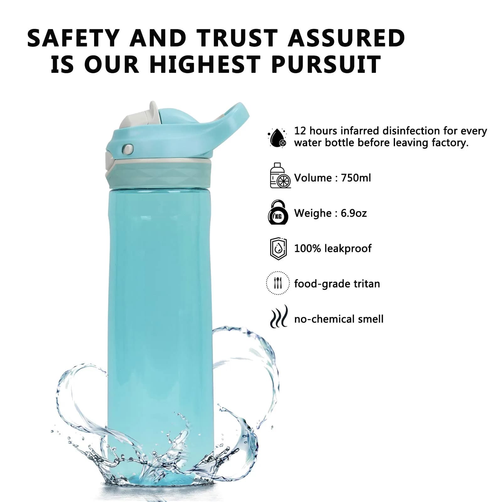 DEARART 750ml (25.4oz) Sky Blue Water Bottle | Leakproof AUTOSEAL Flip Top for School, Gym, Travel - view 2