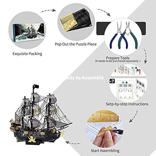 Piececool Black Pearl Pirate Ship 3D Metal Puzzle Model Kit 307 Pieces | Challenging DIY Craft for Adults & Teens thumbnail 6