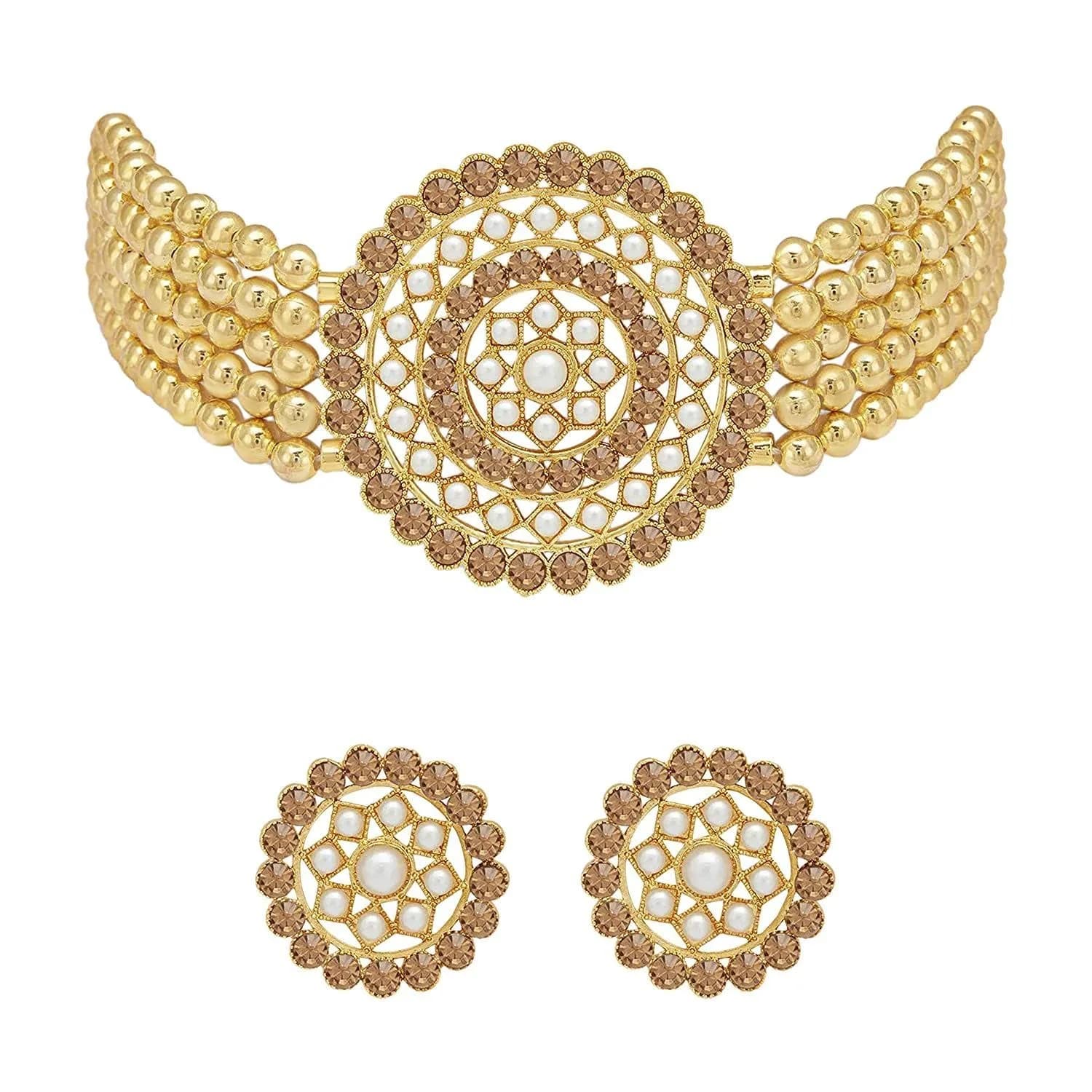 I Jewels 18K Gold Plated Indian Bollywood Beaded Choker Set | Light Weight & Traditional (70-120 chars) — Gold
