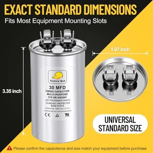 HVAC YELLOW HAT 30 MFD 370V/440V CBB65 Round Run Capacitor 5.99 cm (1.97") x 10.11 cm (3.35") | Universal AC Motor Start Capacitor thumbnail 2