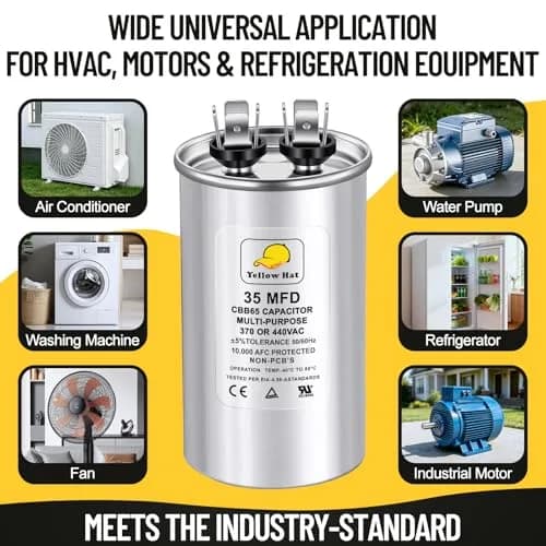 HVAC YELLOW HAT 35uF 35MFD Round Run Capacitor 5.68cm (2.25") x 10.11cm (3.93") | Universal 370V/440V AC Motor Start thumbnail 6