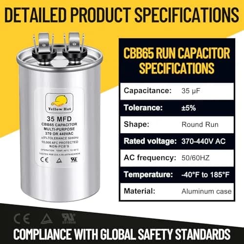 HVAC YELLOW HAT 35uF 35MFD Round Run Capacitor 5.68cm (2.25") x 10.11cm (3.93") | Universal 370V/440V AC Motor Start thumbnail 7