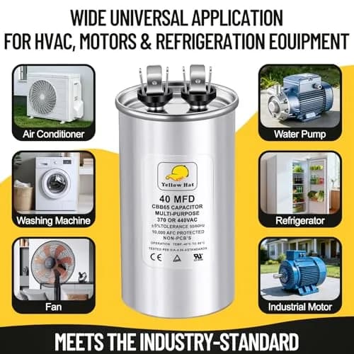 HVAC YELLOW HAT 40 uF 40 MFD ±5% 370V/440V Round Motor Run Capacitor | 5.58cm (1.97") Dia x 11.98cm (3.94") H thumbnail 6