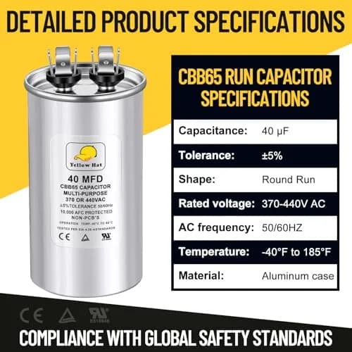 HVAC YELLOW HAT 40 uF 40 MFD ±5% 370V/440V Round Motor Run Capacitor | 5.58cm (1.97") Dia x 11.98cm (3.94") H thumbnail 7