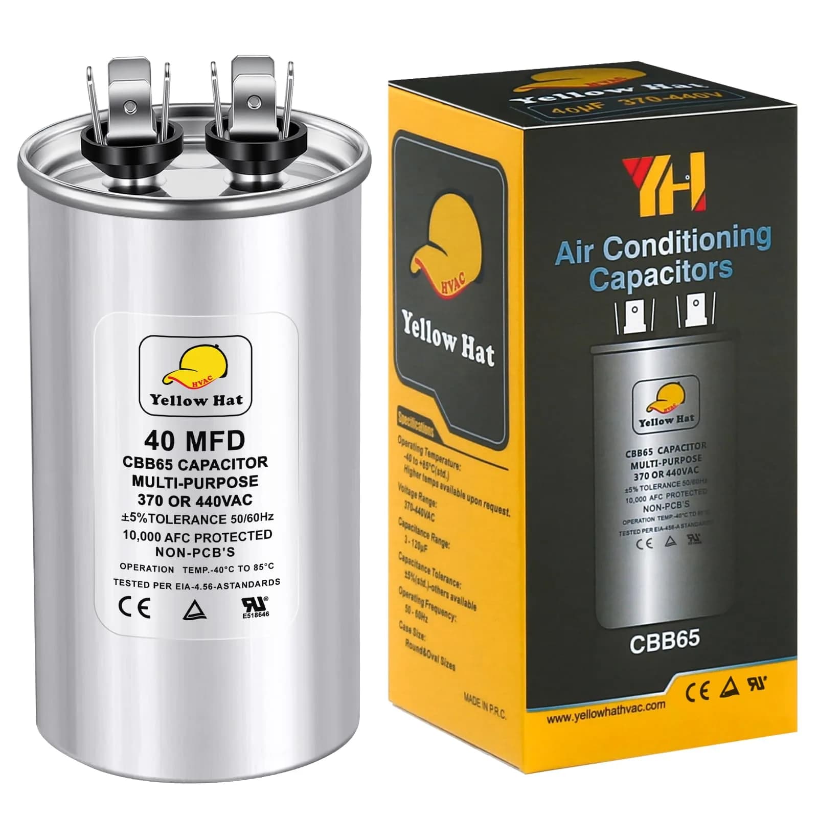 HVAC YELLOW HAT 30 MFD 370V/440V CBB65 Round Run Capacitor 5.99 cm (1.97") x 10.11 cm (3.35") | Universal AC Motor Start Capacitor — 40 MFD