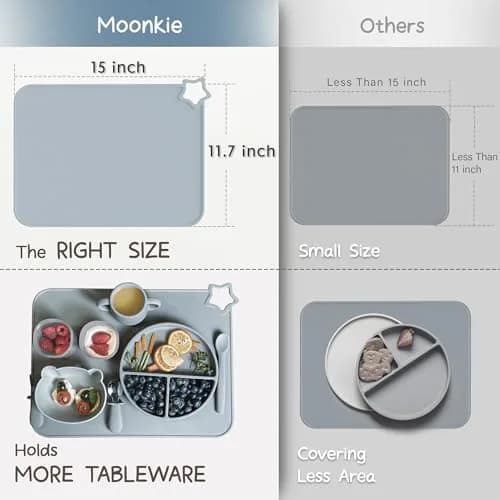 Moonkie Silicone Placemats for Baby & Kid, Teal/Mustard 2-Pack | Stain-Proof Non-Slip Toddler Food Mats Eating Table Mat thumbnail 5