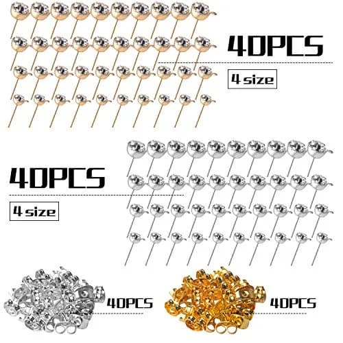 Aylifu Hypoallergenic Earring Posts Studs with Loops & Butterfly Backs, Gold & Silver, 4 Sizes (80pcs Total) thumbnail 2