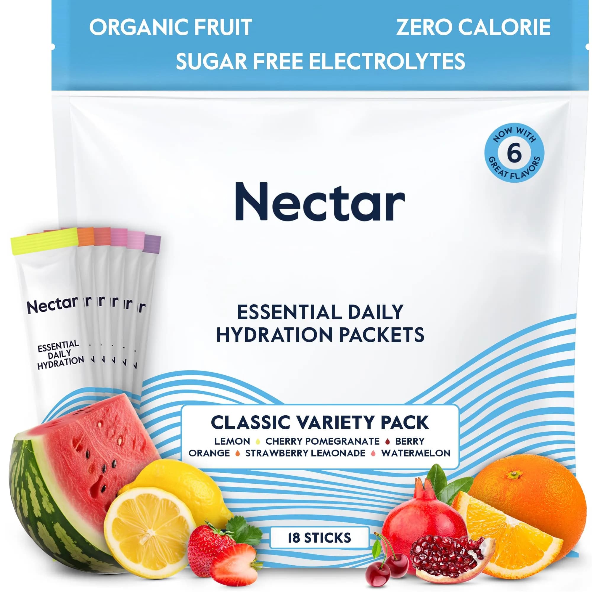 Nectar Hydration Packets Sugar-Free Electrolyte Powder (18 Pack Variety) | Organic Fruit Flavored Hydration - main product image