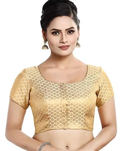 Madhu Fashion Women's Banaras Brocade Readymade Saree Blouse 40 (101.6 cm) Gold | Short Sleeve Round Neck Ceremony Blouse thumbnail 1