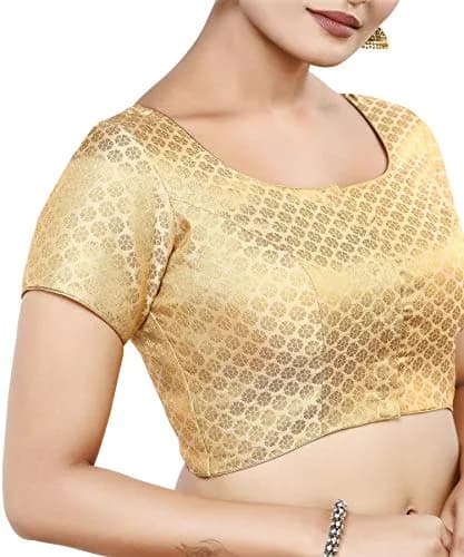 Madhu Fashion Women's Banaras Brocade Readymade Saree Blouse 40 (101.6 cm) Gold | Short Sleeve Round Neck Ceremony Blouse thumbnail 4