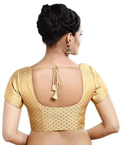 Madhu Fashion Women's Banaras Brocade Readymade Saree Blouse 40 (101.6 cm) Gold | Short Sleeve Round Neck Ceremony Blouse thumbnail 2