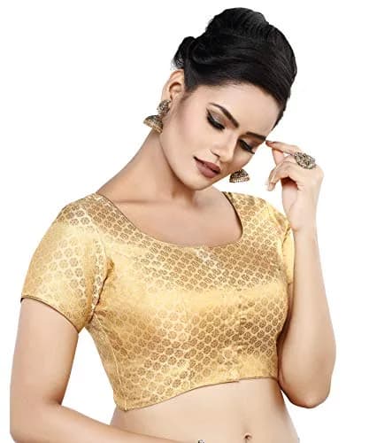 Madhu Fashion Women's Banaras Brocade Readymade Saree Blouse 40 (101.6 cm) Gold | Short Sleeve Round Neck Ceremony Blouse thumbnail 3