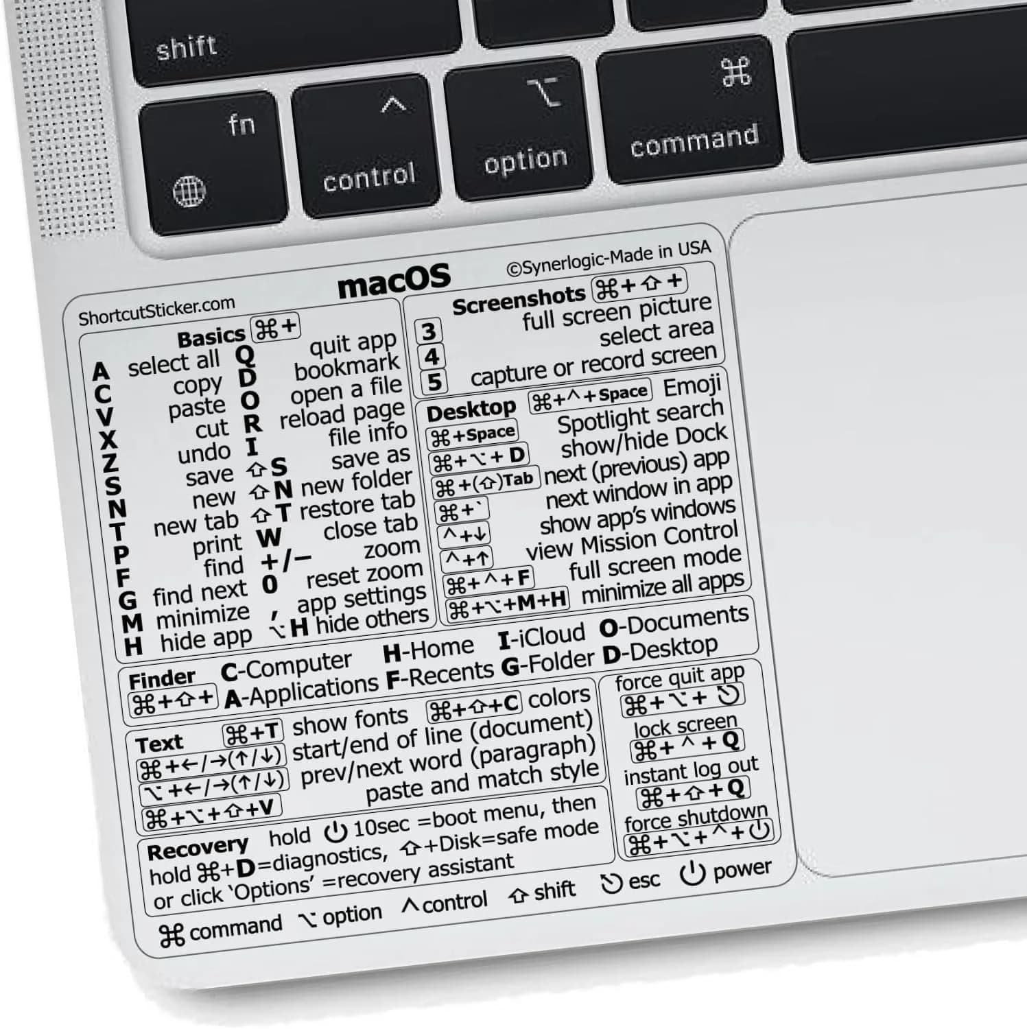 Synerlogic Mac OS Shortcuts Sticker for MacBook Air/Pro | Laminated Vinyl Keyboard Cheatsheet | macOS Commands (Clear/Black)