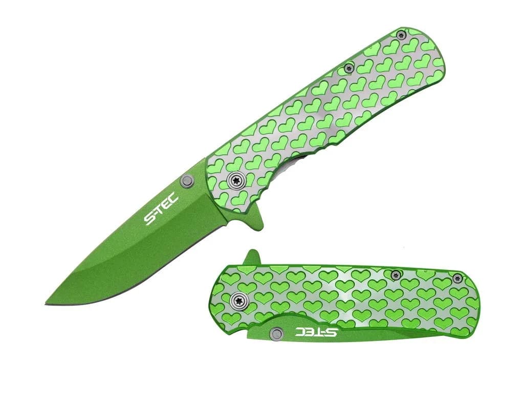 S-TEC 8" Valentine's Hearts Spring Assisted Folding Pocket Knife (Red) | Heart-Shaped Aluminum Handle — Green