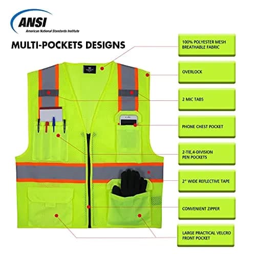 VENDACE Hi Vis Safety Reflective Mesh Vest for Men ANSI Class 2 High Visibility Vest with 8 Pockets and Zipper (Yellow, XL) thumbnail 4