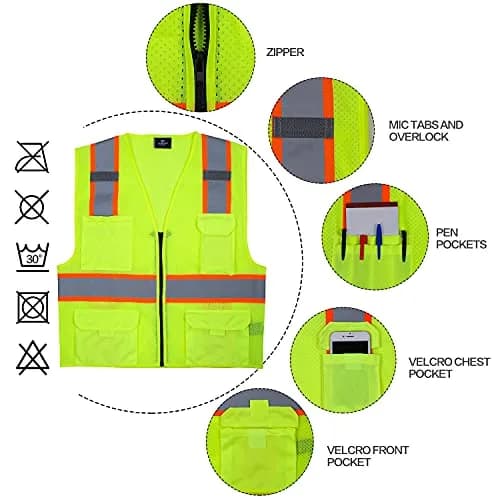VENDACE Hi Vis Safety Reflective Mesh Vest for Men ANSI Class 2 High Visibility Vest with 8 Pockets and Zipper (Yellow, XL) thumbnail 5