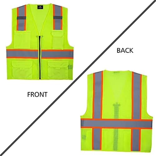 VENDACE Hi Vis Safety Reflective Mesh Vest for Men ANSI Class 2 High Visibility Vest with 8 Pockets and Zipper (Yellow, XL) thumbnail 2