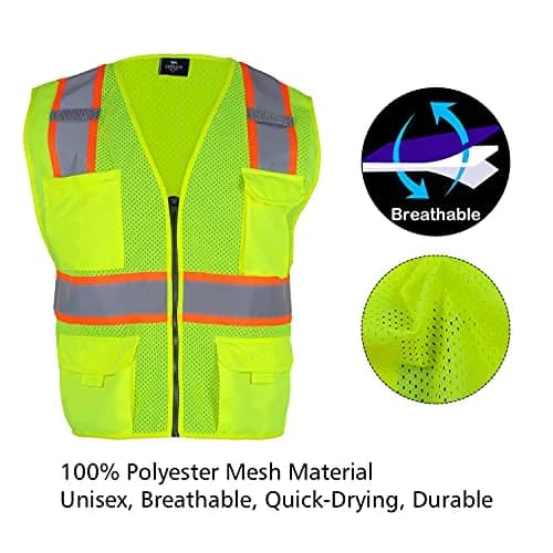 VENDACE Hi Vis Safety Reflective Mesh Vest for Men ANSI Class 2 High Visibility Vest with 8 Pockets and Zipper (Yellow, XL) thumbnail 3