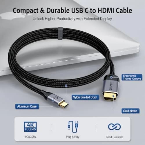 QGeeM USB C to HDMI 4K Cable 10FT | Thunderbolt 3/4/5 Compatible, 4K@30Hz, Braided Nylon, Aluminum Heat Dissipation thumbnail 2