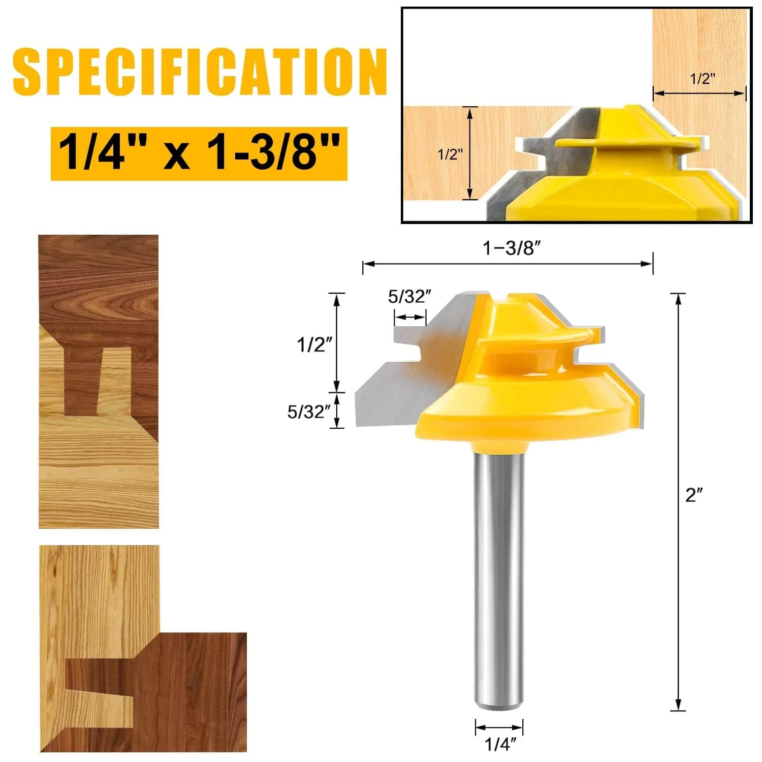 Newdeli 45 Degree Lock Miter Router Bit 1/4 Shank (6.35mm) x 1/2 Stock (12.7mm) | Professional Woodworking Joinery Tool - view 2