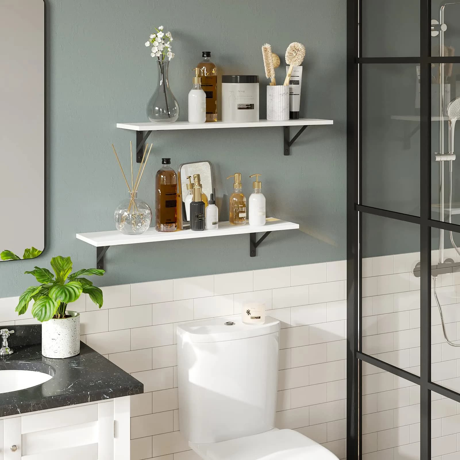 DINZI LVJ Large White Floating Wall Shelf | Modern Minimalist Wall Storage with Metal Brackets thumbnail 6