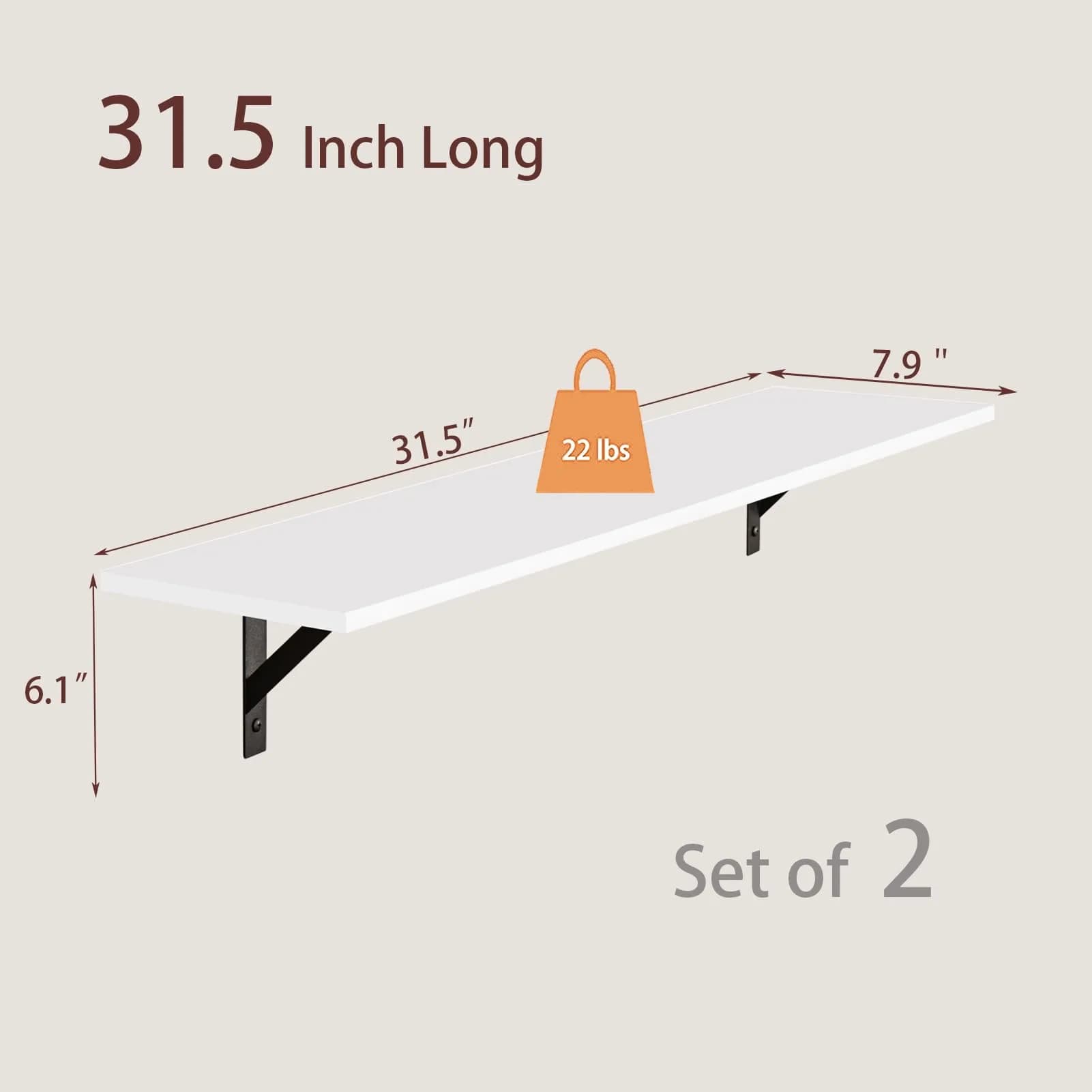 DINZI LVJ Large White Floating Wall Shelf | Modern Minimalist Wall Storage with Metal Brackets thumbnail 2