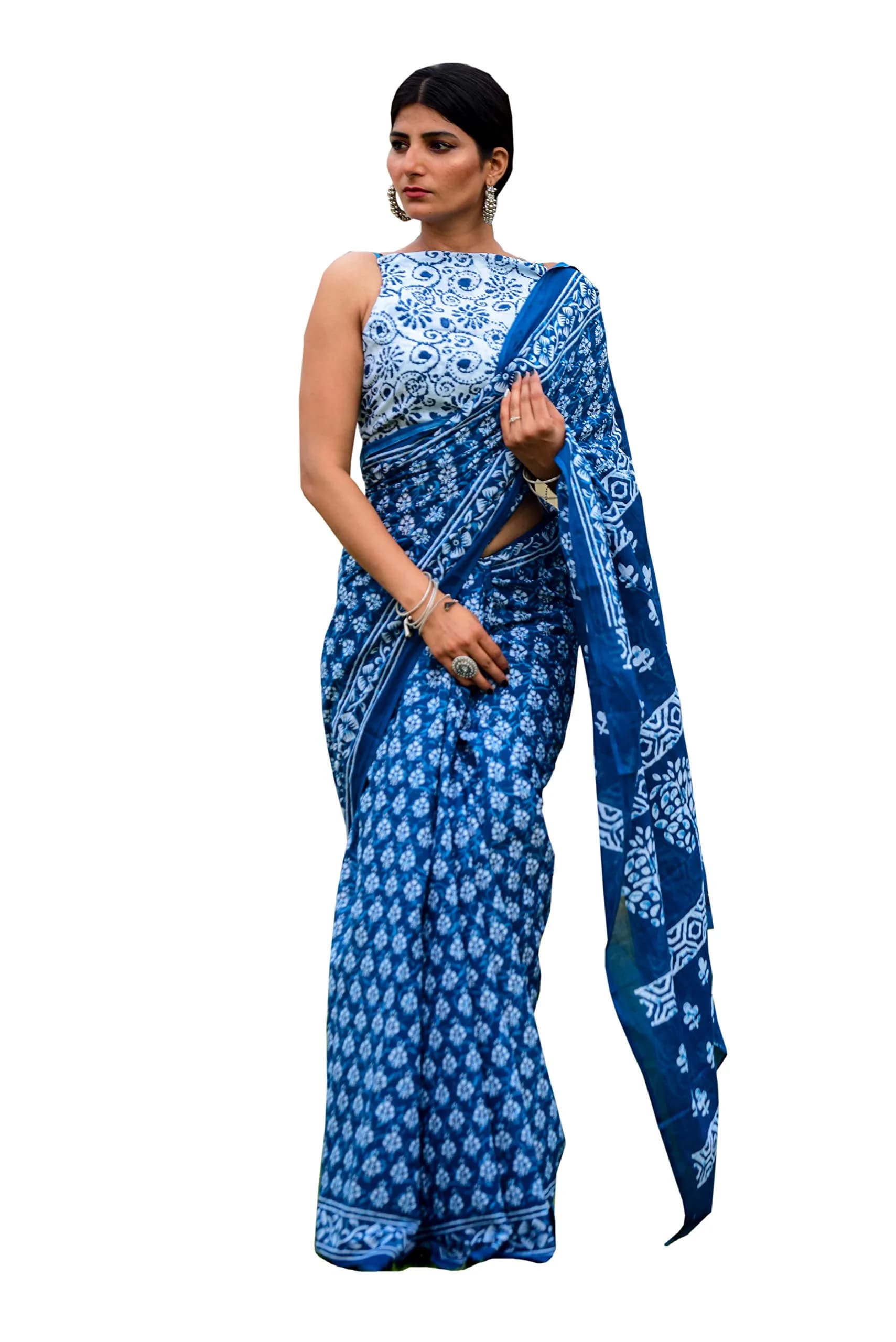 Kiaaron Handicrafts Ikat Hand Block Print Cotton Mulmul Saree with Blouse Piece 6.5 Meters | Authentic Jaipuri Print