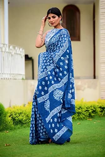 Kiaaron Handicrafts Ikat Hand Block Print Cotton Mulmul Saree with Blouse Piece 6.5 Meters | Authentic Jaipuri Print thumbnail 4