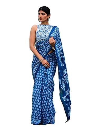 Kiaaron Handicrafts Ikat Hand Block Print Cotton Mulmul Saree with Blouse Piece 6.5 Meters | Authentic Jaipuri Print thumbnail 1