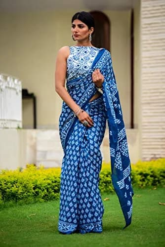 Kiaaron Handicrafts Ikat Hand Block Print Cotton Mulmul Saree with Blouse Piece 6.5 Meters | Authentic Jaipuri Print thumbnail 2