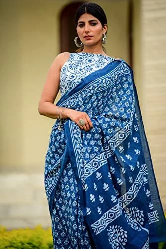 Kiaaron Handicrafts Ikat Hand Block Print Cotton Mulmul Saree with Blouse Piece 6.5 Meters | Authentic Jaipuri Print thumbnail 3