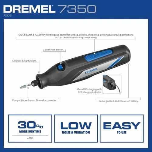 Dremel 7350 4V Cordless Rotary Tool Kit with 5 Accessories, 12000 RPM, USB-C Rechargeable Battery | Lightweight DIY & Crafting Tool thumbnail 4