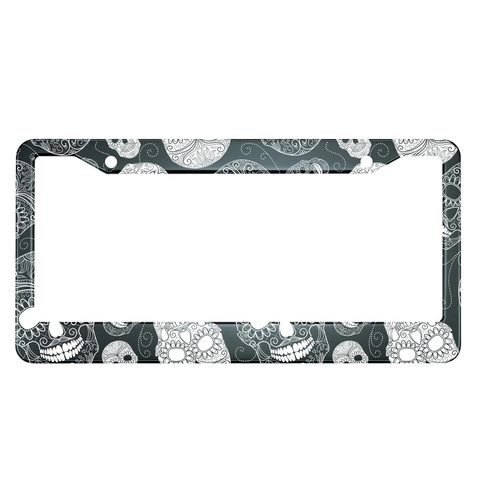 HOSNYE Black and White Sugar Skull License Plate Frame 12x6 Inch | Day of the Dead Car Decor for Women Men — Sugar Skull