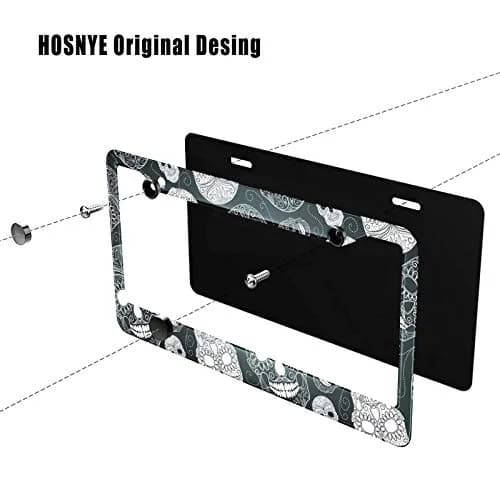 HOSNYE Black and White Sugar Skull License Plate Frame 12x6 Inch | Day of the Dead Car Decor for Women Men thumbnail 3