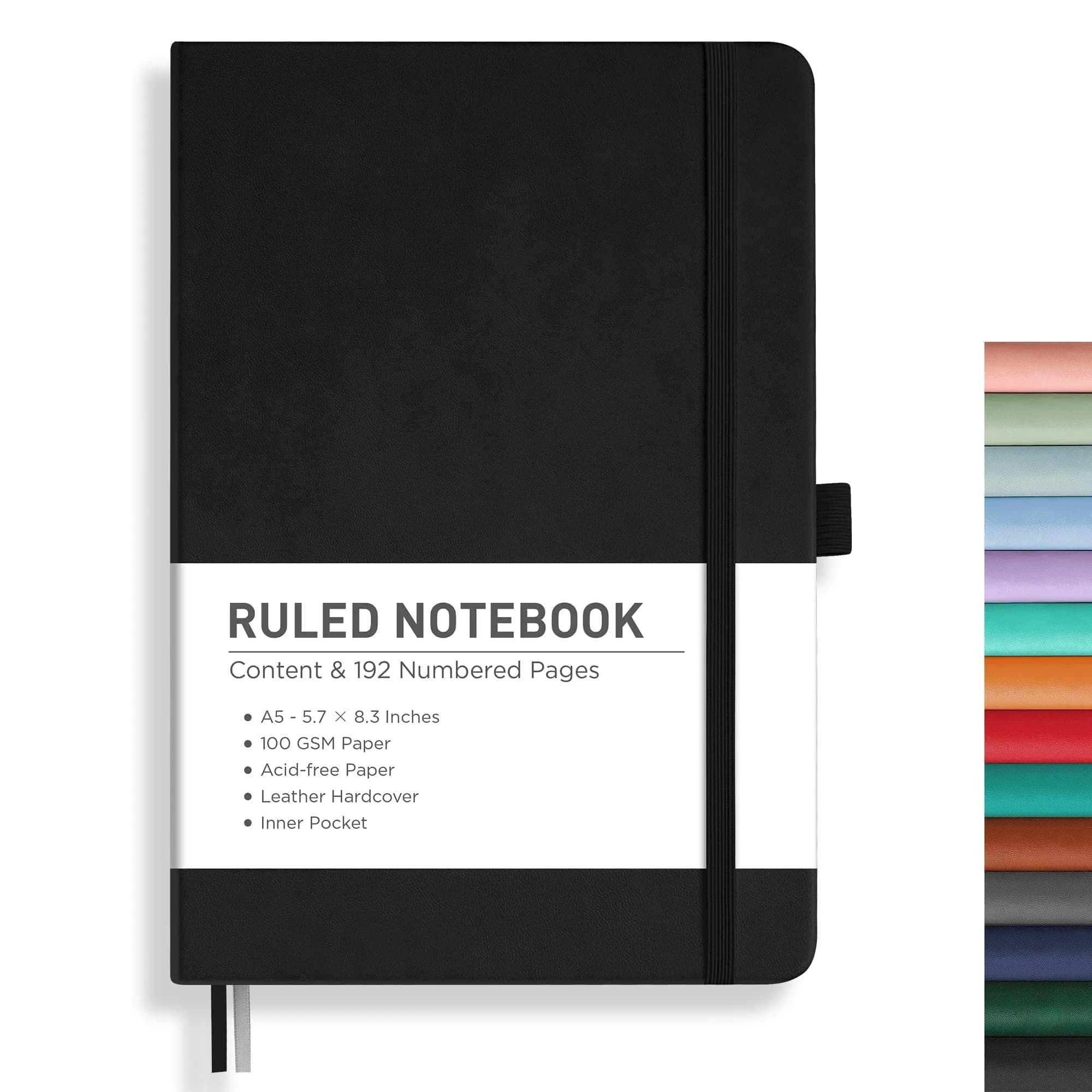 RETTACY A5 Lined Paper Notebook with Black Leather Hardcover - 192 Pages, 100 GSM Thick Paper, Rose Gold Accents - main product image