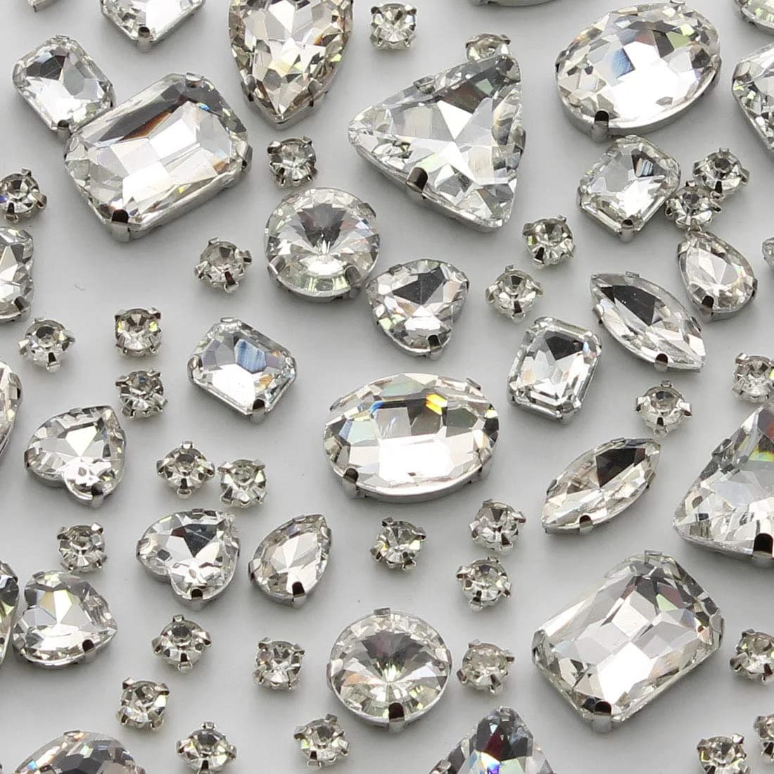 TANOSII Mixed Shapes Glass Sew-On Rhinestones 100 PCS | Crystal Gems with Silver Claw for Jewelry, Crafts, Clothes, Shoes, Costume, Garment