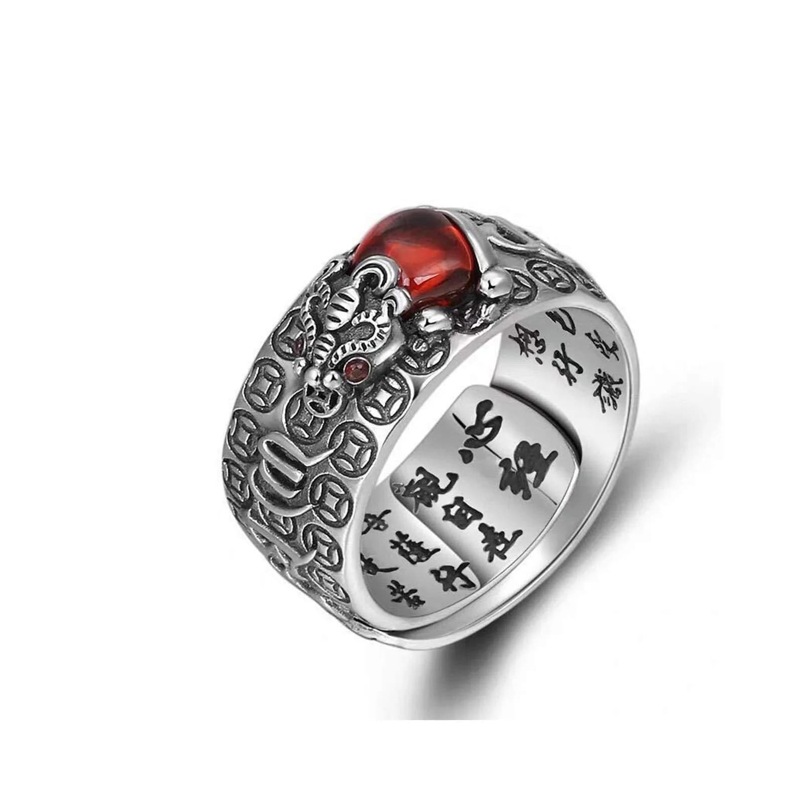 Pingyongchang Feng Shui PiXiu Mantra Protection Wealth Ring Adjustable (0.9cm Width) | Luck & Riches Attractor — red