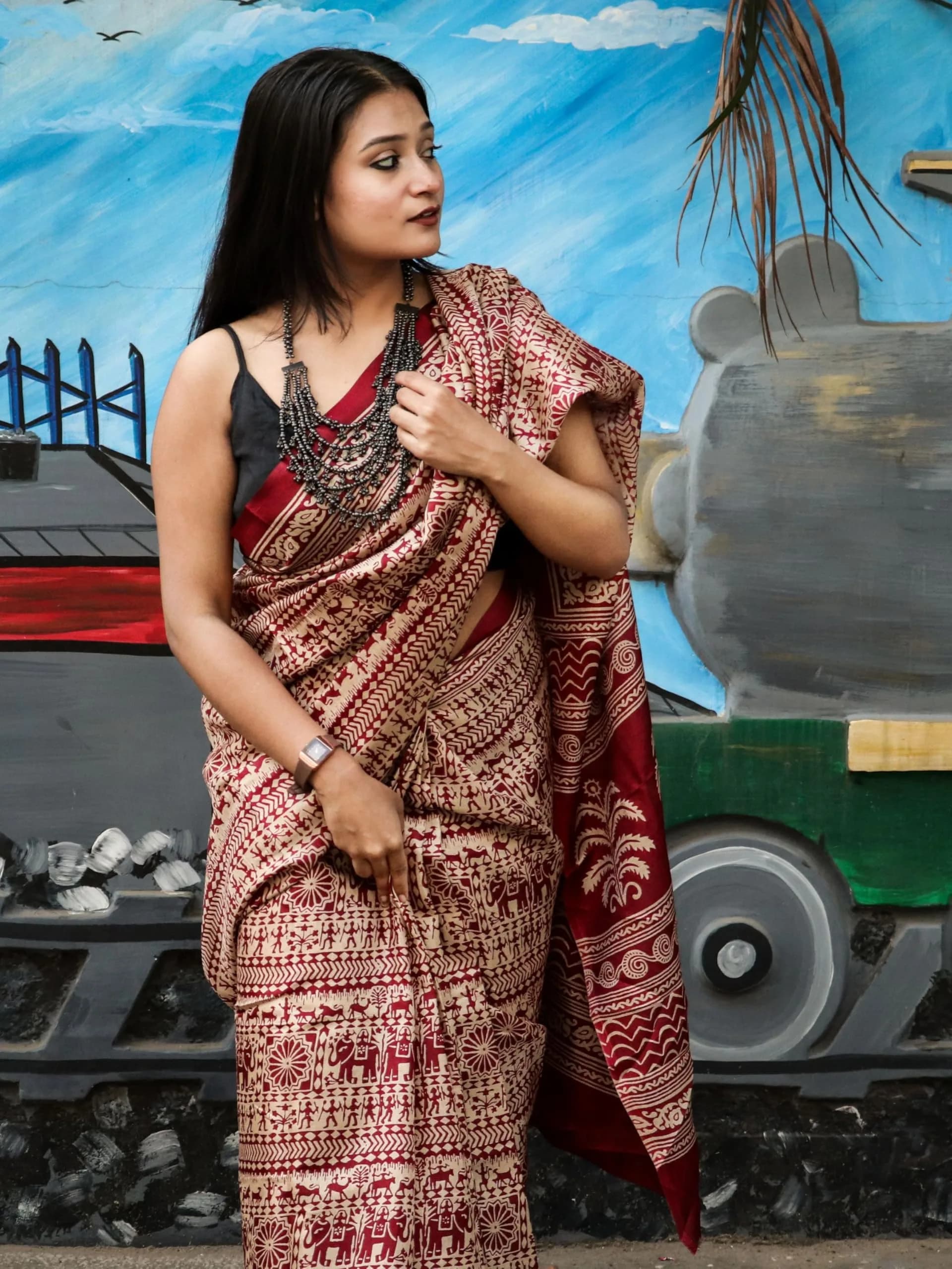 EthnicJunction Silk Cotton Kalamkari Print Saree With Blouse Piece, Maroon, 5.5 m (18 ft) | Authentic Indian Weave - view 5