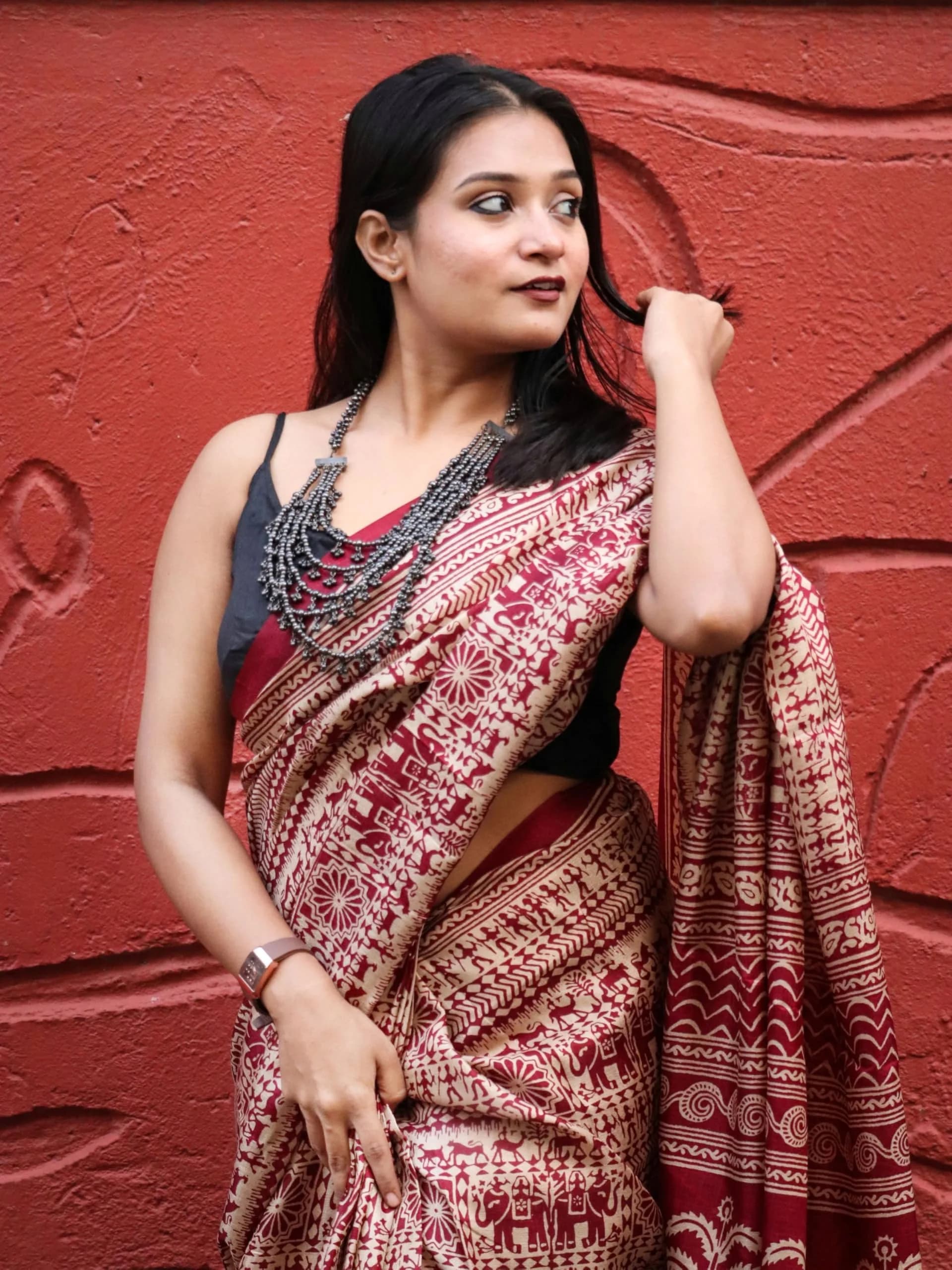 EthnicJunction Silk Cotton Kalamkari Print Saree With Blouse Piece, Maroon, 5.5 m (18 ft) | Authentic Indian Weave - view 6