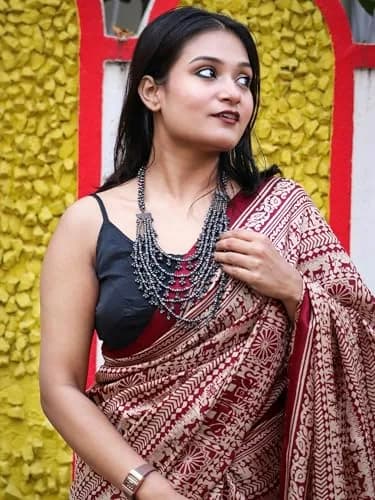 EthnicJunction Silk Cotton Kalamkari Print Saree With Blouse Piece, Maroon, 5.5 m (18 ft) | Authentic Indian Weave thumbnail 8