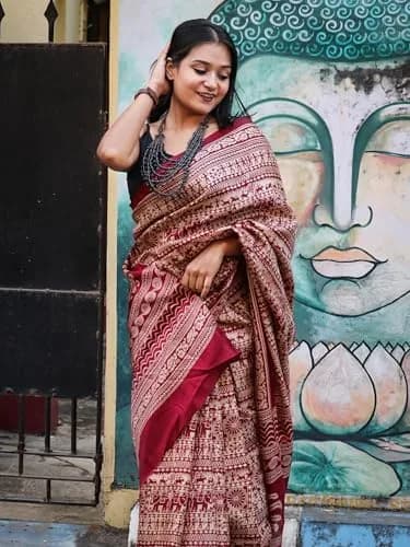 EthnicJunction Silk Cotton Kalamkari Print Saree With Blouse Piece, Maroon, 5.5 m (18 ft) | Authentic Indian Weave thumbnail 2