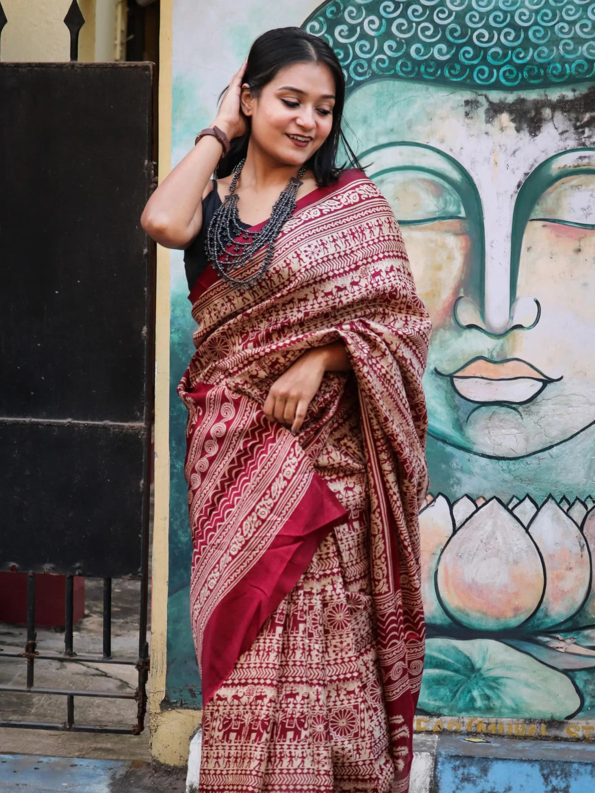 EthnicJunction Silk Cotton Kalamkari Print Saree With Blouse Piece, Maroon, 5.5 m (18 ft) | Authentic Indian Weave - view 2